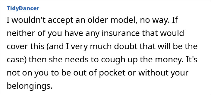 Online comment discussing refusal to buy a new hairdryer and financial responsibility.