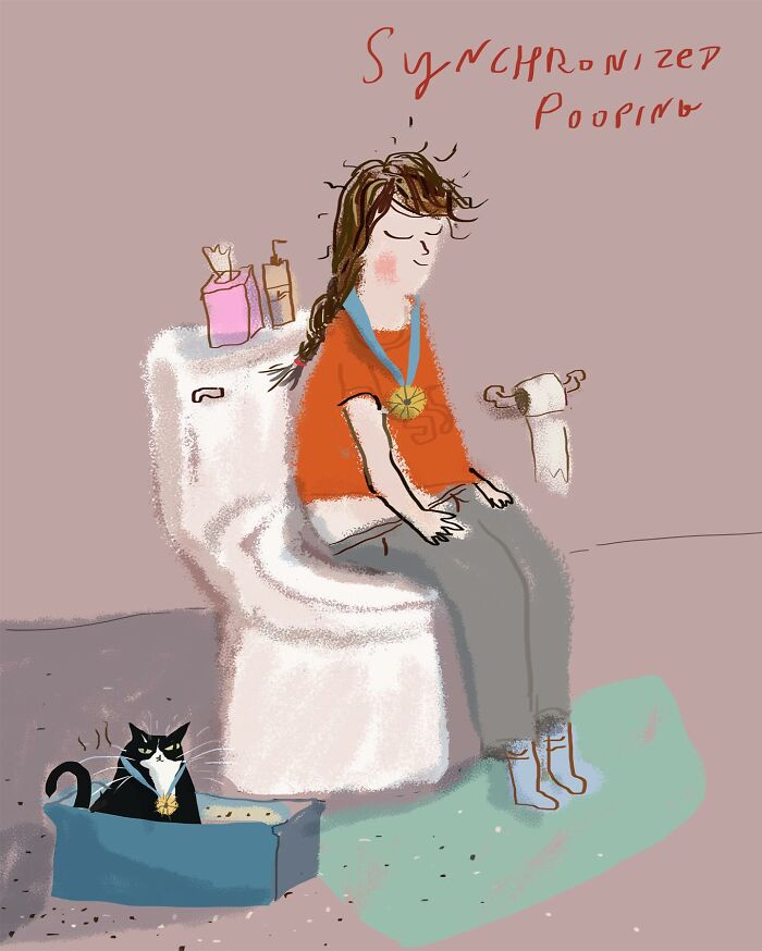 Cozy illustration for cat lovers shows a woman and cat with medals, humorously synchronized in the bathroom.