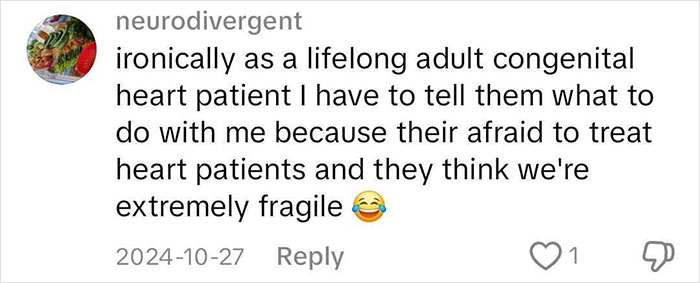 Comment discussing medical treatment experience for heart patients.