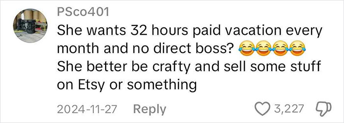 Comment criticizing a woman's job refusal citing mental health, suggesting selling crafts online.