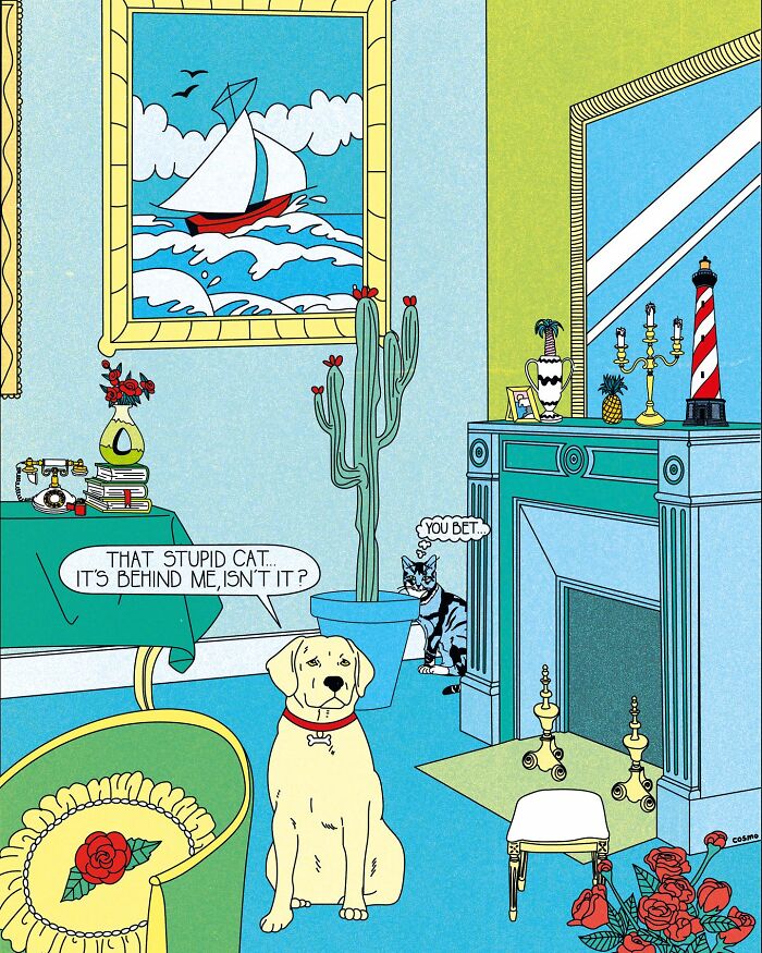 A vibrant illustration featuring a humorous scene with a dog and a sarcastic cat in a colorful living room.