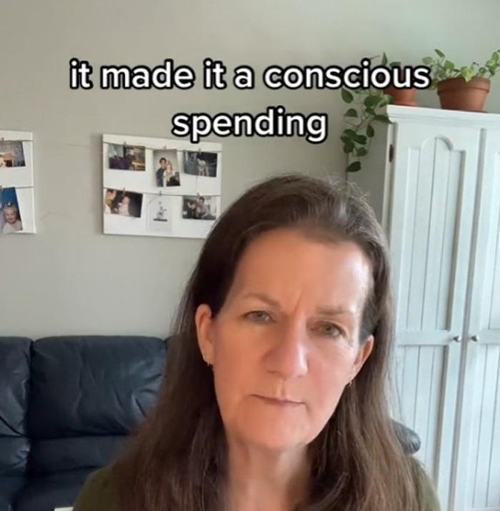 Expert discusses conscious spending at home with a backdrop of photos and plants.