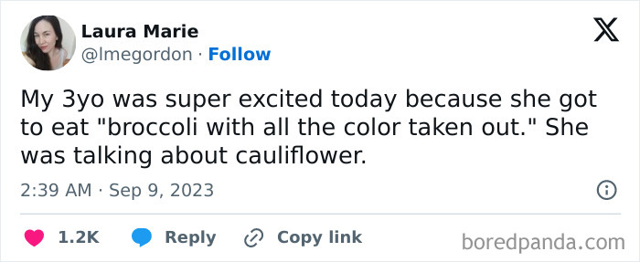 Tweet by Laura Marie about an awkward parent-kid conversation where a child calls cauliflower "colorless broccoli."