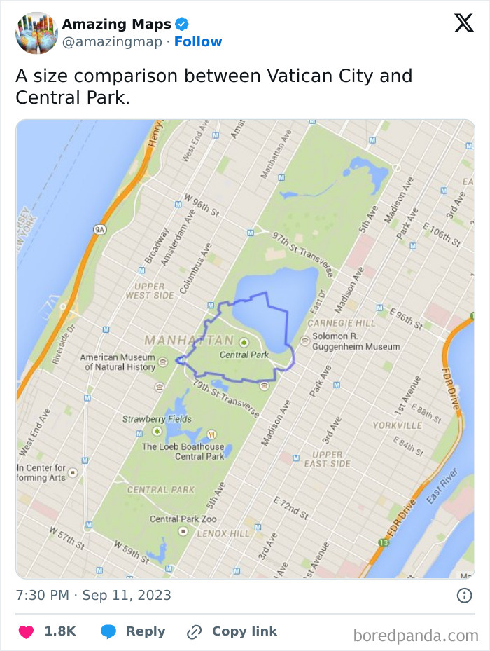 Map comparing the size of Vatican City to Central Park, highlighting perspective change.