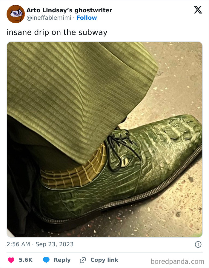 Stylish passenger with crocodile-patterned shoes and green pants on the subway.