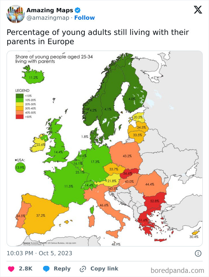 Map showing percentage of young adults living with parents in Europe, highlighting how maps change perspective.