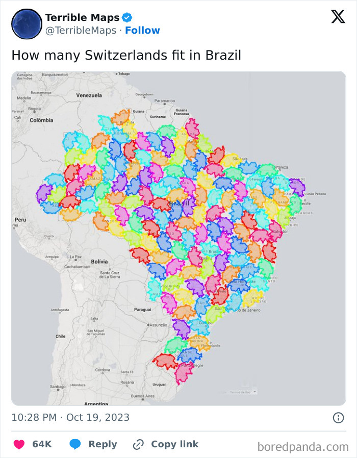 Map illustrating how many times Switzerland fits inside Brazil, highlighting perspective change with colorful overlays.