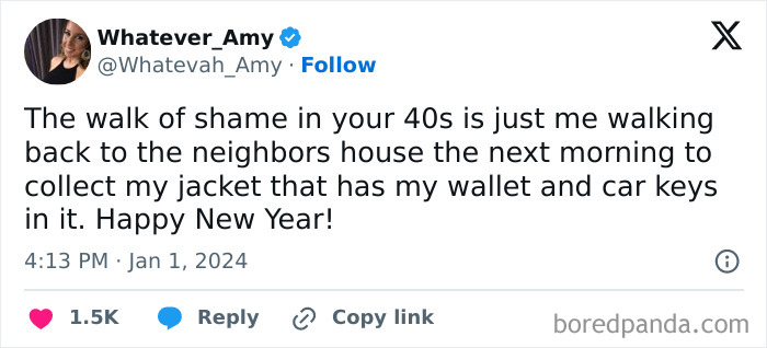 Tweet about life in 40s, humorously describing a "walk of shame" to retrieve wallet and keys left at a neighbor's.