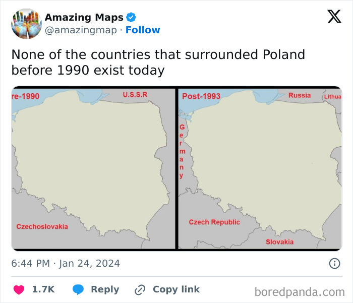 Maps showing Poland's borders pre-1990 vs. post-1993, highlighting perspective changes in neighboring countries.