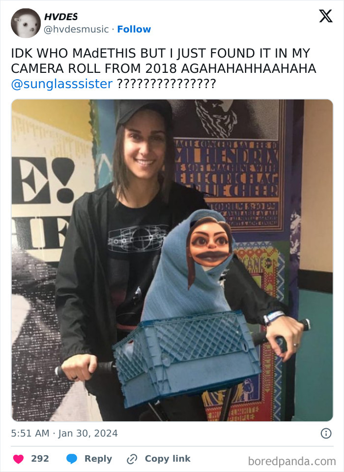 Person smiling next to a funny edited photo of ET with a human face, reflecting a quirky camera roll find.