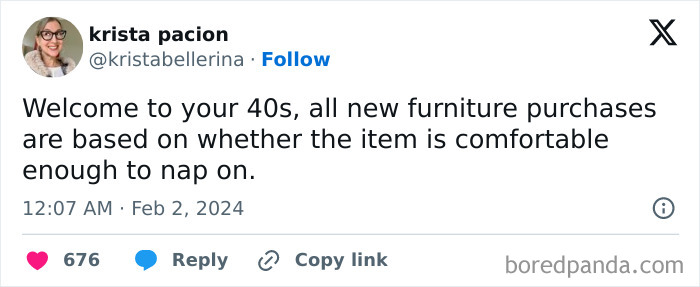 Tweet about being in your 40s and valuing furniture for napping comfort.