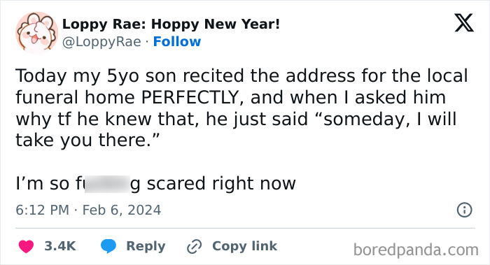 Tweet about an awkward conversation between a parent and child mentioning a funeral home address.