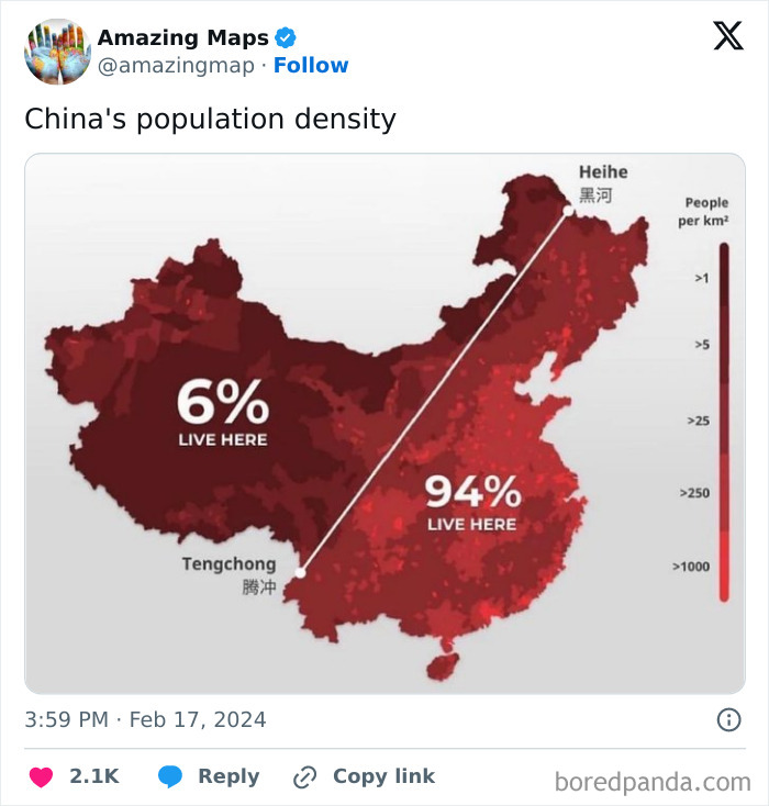 Map showing population density in China, highlighting 94% live in the east and 6% in the west, changing perspective.