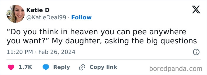 Tweet about awkward parents kids conversations: a child asks about peeing in heaven.