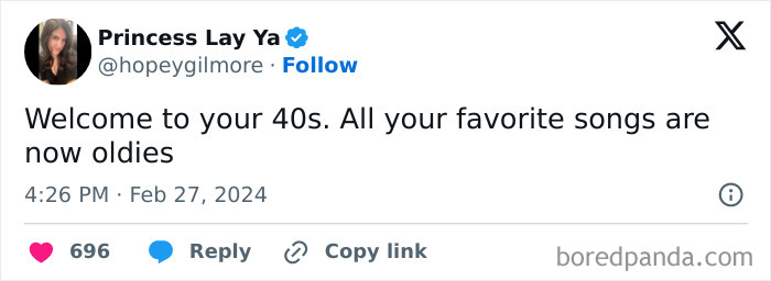 Tweet by Princess Lay Ya joking about songs from youth now being oldies, highlighting life in your 40s.