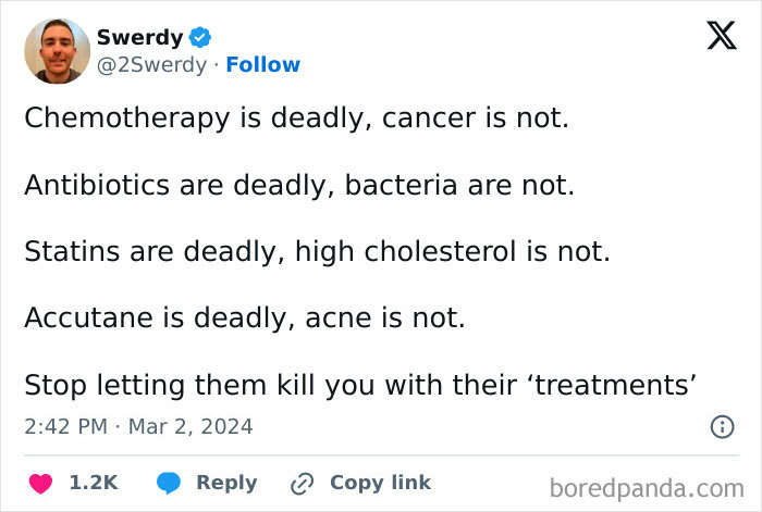 Text post claiming medical treatments are deadly; related to 2024 dumbest posts.