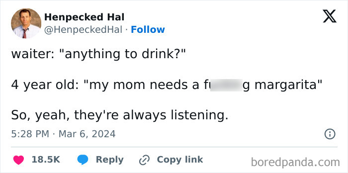 Funny tweet about moms needing margaritas, featuring a child's candid response to a waiter's question about drinks.