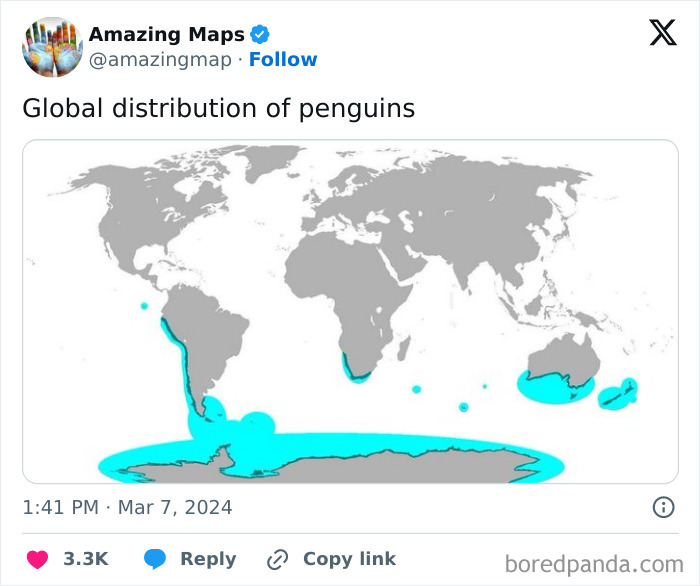 Map showing global penguin distribution with highlighted areas in blue, altering perspective on geographic spread.