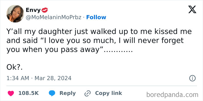 Tweet about an awkward conversation with child expressing love and fear of parent's passing.