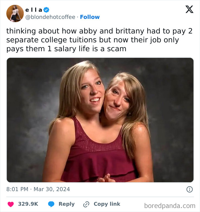 Funny post showing conjoined twins with a caption about paying double tuition but earning one salary.