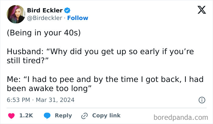 Tweet humorously depicting life in your 40s, featuring a relatable exchange about waking up too early.