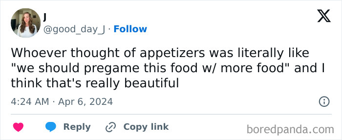 Funny food meme about appetizers being like pregaming with more food.