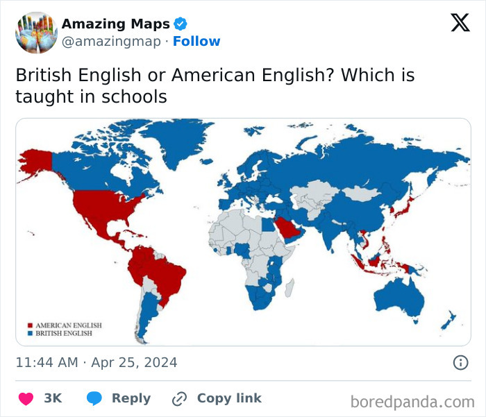 World map illustrating countries teaching British vs. American English, highlighting differences that change perspective.