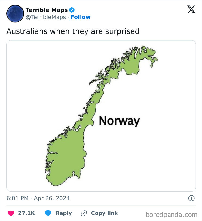 Map of Norway as a humorously altered silhouette, illustrating perspective changes.