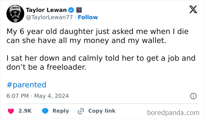 A parent shares an awkward conversation with their child about inheritance and money.