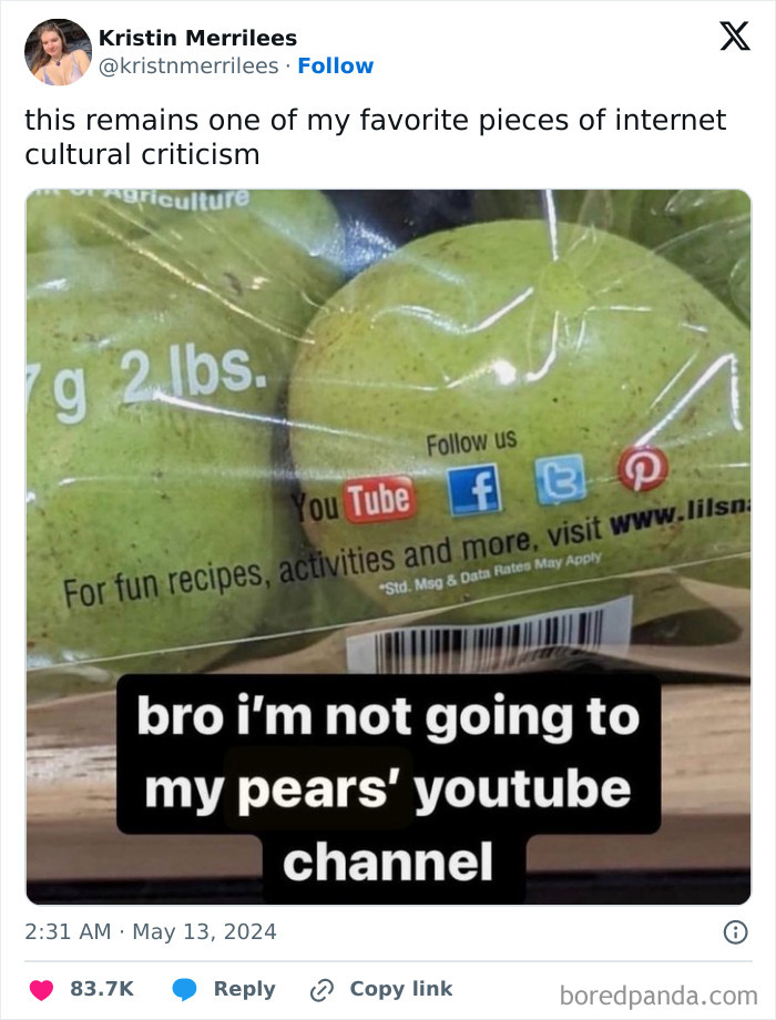 Millennial life meme: pears packaged with social media icons and humorous caption about a YouTube channel.