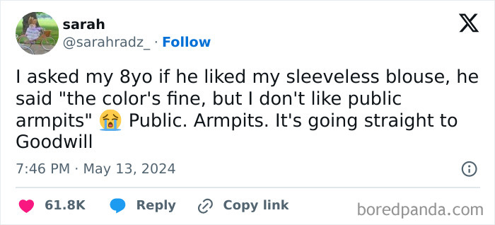 Tweet with bizarre sentence about a sleeveless blouse and public armpits, posted by user sarahradz.