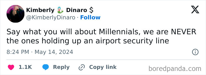 Tweet by Kimberly Dinaro joking about millennials not causing delays at airport security lines.