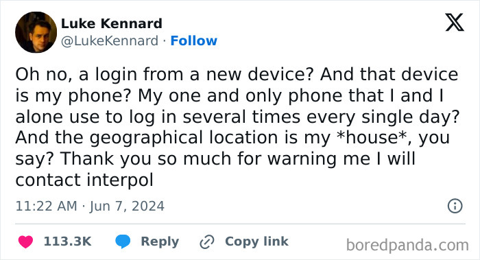 Millennial life meme about device login alerts humorously referencing phone and location misunderstandings.