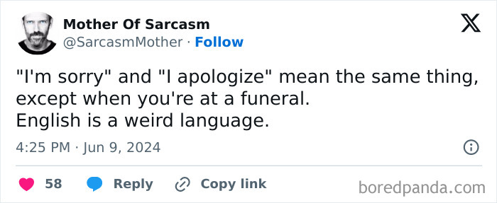 Linguistic meme about English language differences in phrases at a funeral, shared by a Facebook page.