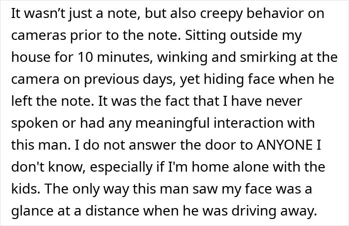 Text describing an Amazon driver's unsettling behavior before leaving a note.