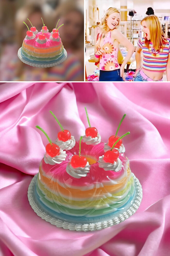 Artist's cake-like storage box with rainbow layers and cherries, inspired by famous movies.