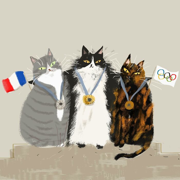 Three cats wearing medals, one holding a French flag, in a cozy illustration for cat lovers by Jamie Shelman.