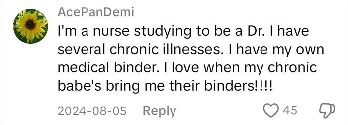 Comment from a nurse discussing a medical binder and chronic illnesses.