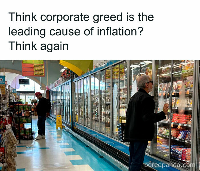 Two men shopping in a grocery store with text questioning corporate greed's role in inflation; suggests “boring dystopia.”