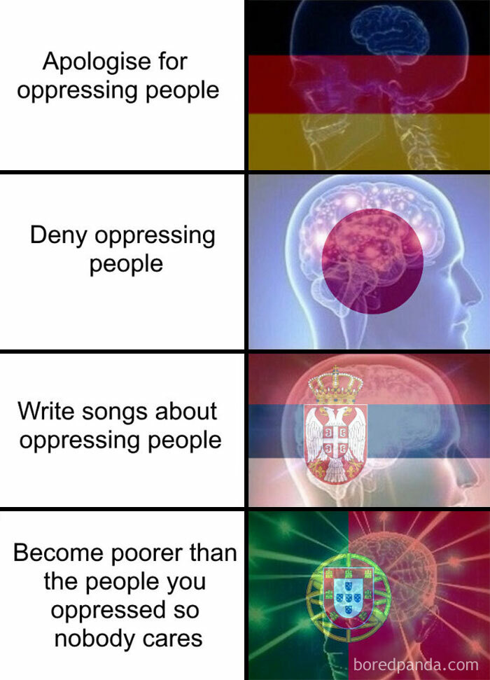 History explained through a meme showing different countries' approaches to past oppression.