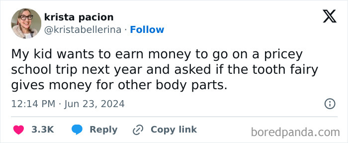 Tweet about a kid's funny question to the tooth fairy, shared by a user.