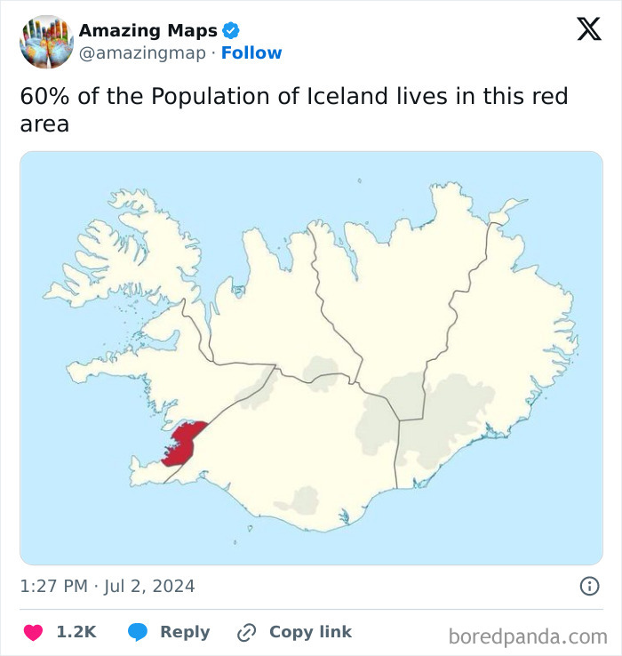 Map highlighting a red area in Iceland where 60% of the population lives, showcasing how maps change perspective.