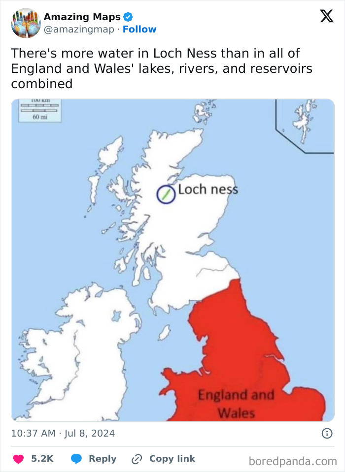 Map highlighting Loch Ness and England and Wales, illustrating water volume comparison.