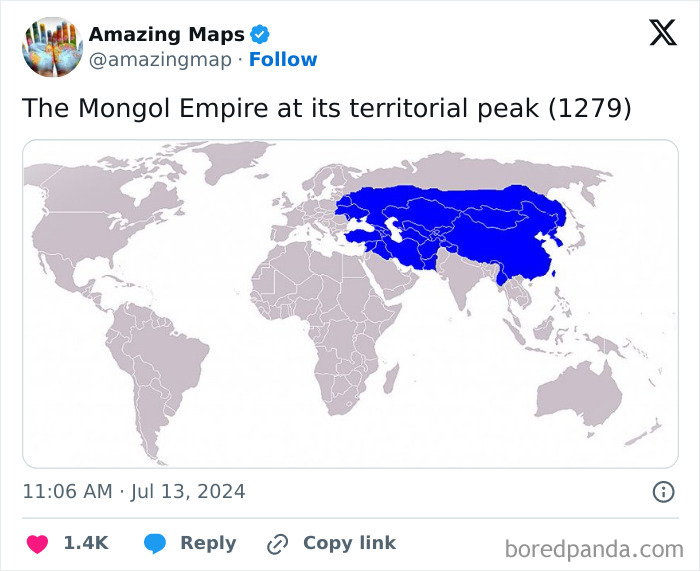 Map of the Mongol Empire in 1279, highlighting its vast territory in blue, illustrating how maps can change perspective.