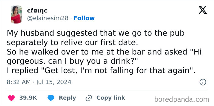 Funny tweet from a mom about her husband reliving their first date at a pub.