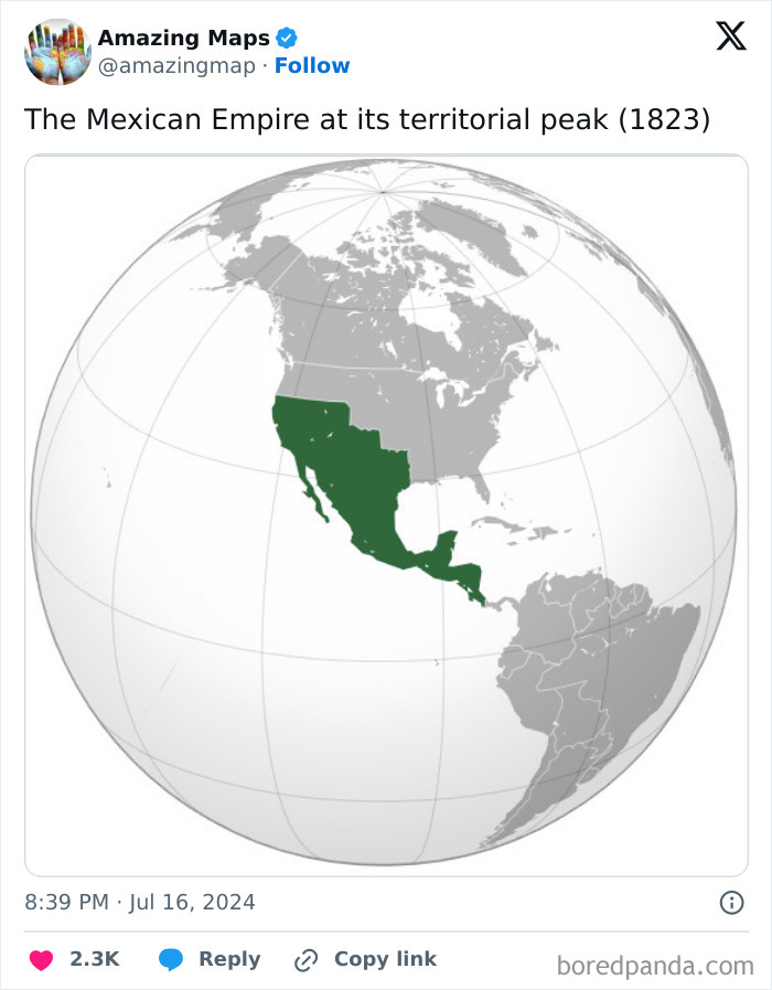 Map showing the Mexican Empire's territorial peak in 1823, highlighting changes in perspective.