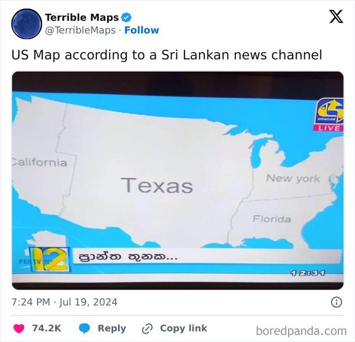 A humorous map with Texas labeled over the entire USA, showcasing maps that change perspective, by a Sri Lankan news channel.