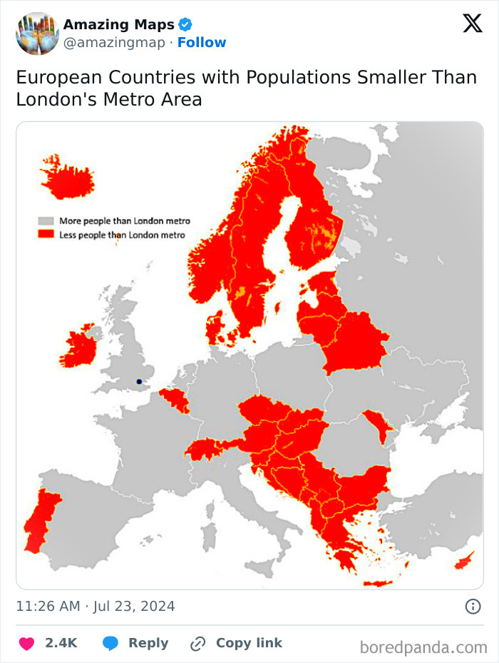 Map highlighting European countries with smaller populations than London's metro area.