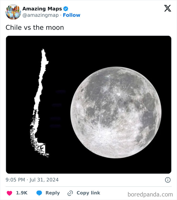 Map of Chile compared to the moon, highlighting changes in perspective.