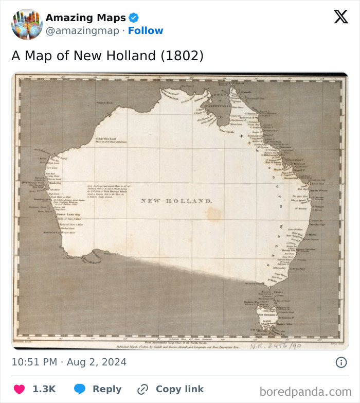 Vintage 1802 map labeled "New Holland," representing historical perspectives on Australia.